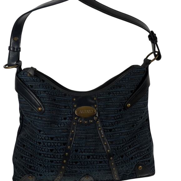 Large Vintage XOXO Hobo Blue Black Letters Brass Studded Y2K Zippered Tote Bag - Picture 1 of 16